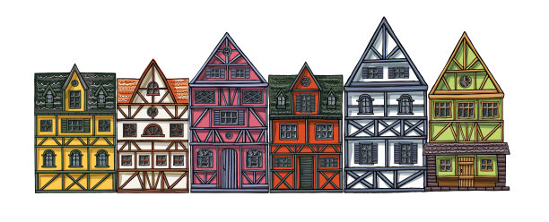 德国民居卡通集合城市景观，欧洲城市街道正面景观，色彩斑斓的建筑立面。图片下载