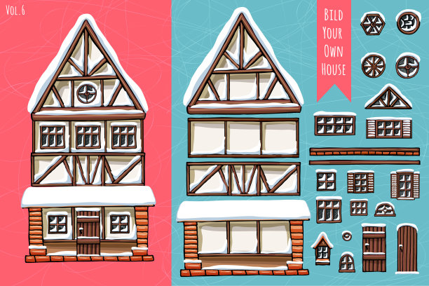 德国住宅，元素的集合，项目集，屋顶，窗户，门。为明信片设计冬季雪海报的背景游戏。图片下载