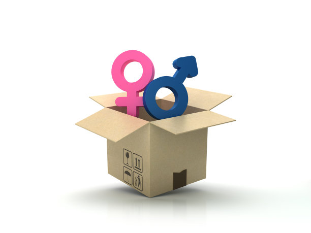 木地板上的性别符号纸板盒- 3D渲染图片下载