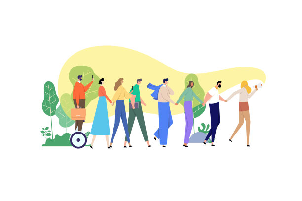 一群人手拉着手，追着一个通过扩音器说话的女孩。图片下载