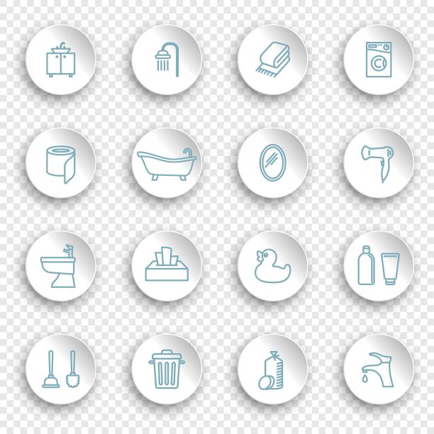 厕所，厕所，厕所。圆形贴纸上带有透明阴影的线性图标图片下载