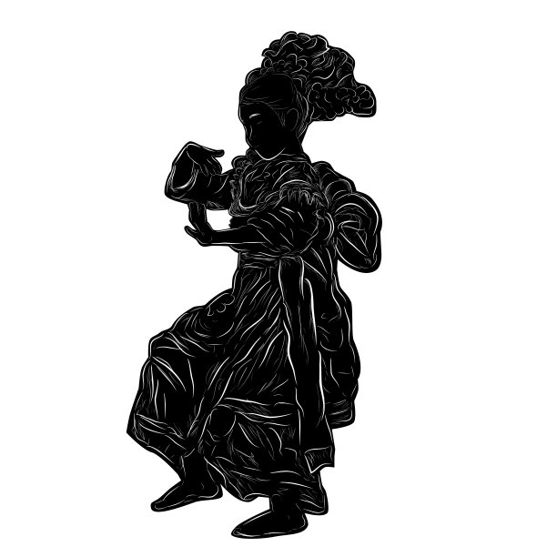 简单的矢量剪影和手画素描，年轻女孩传统巴厘岛印度尼西亚传统舞者，孤立在白色图片下载