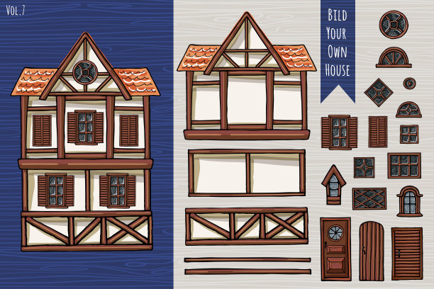 德国住宅，元素的集合，项目集，屋顶，窗户，门。法赫弗克建筑可爱风格为明信片设计海报背景游戏儿童书籍。图片下载
