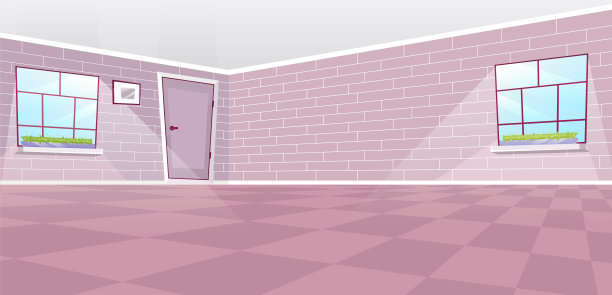 空餐厅室内平面矢量插图。卡通门和窗户与阳光。阳光明媚的大厅装饰复古砖墙和绘画。粉粉色的格子地板图片下载