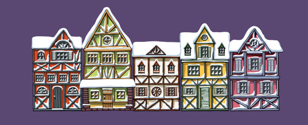 德国住宅冬季卡通收集城市雪景，欧洲城市街道正面景观，色彩斑斓的建筑立面。图片下载