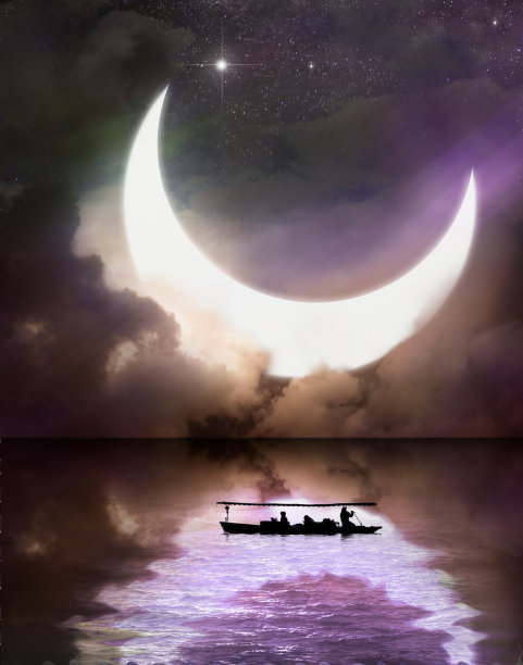 巨大的月亮在海洋和船图片下载