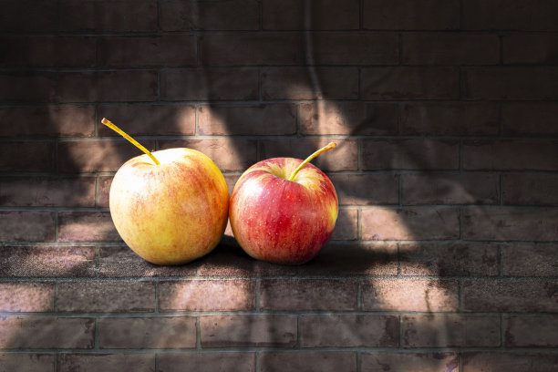 新鲜的红苹果在抽象的砖图案背景与早晨的阳光图片下载