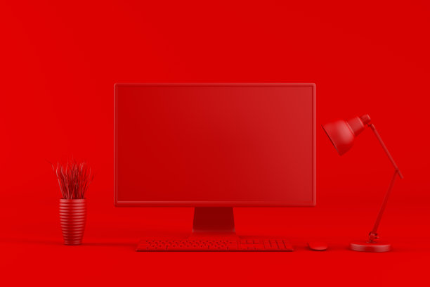 3D空电脑屏幕显示器上的红色背景，最小的概念图片下载