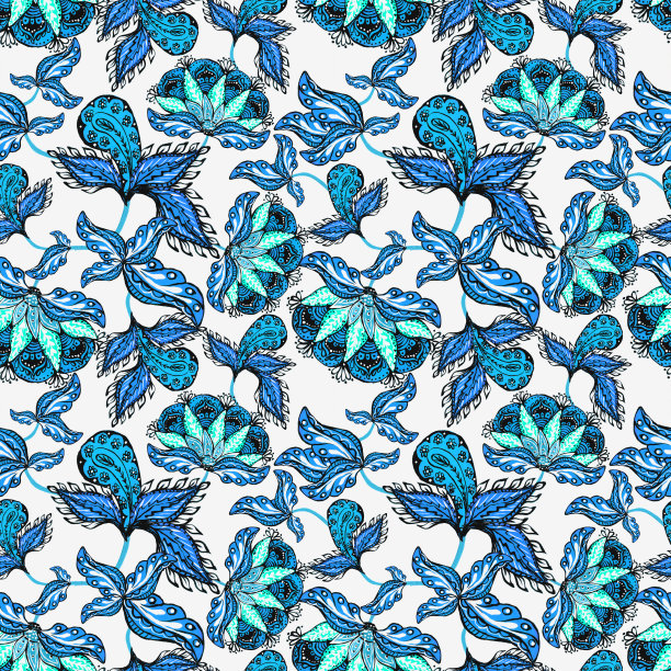 用浅蓝色和黑色在白色背景上绘制的花卉图案图片下载