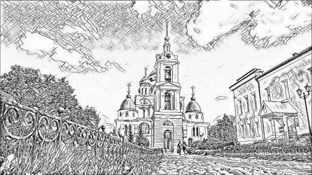 夏日蓝天下德米特里罗夫克里姆林宫东正教钟楼金色圆顶的单色素描摄影艺术画图片下载