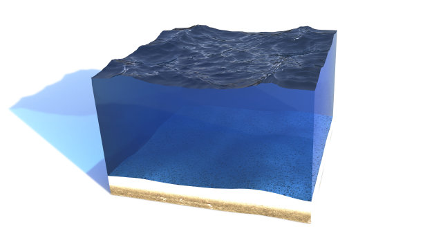 一个海洋的横截面，干净的海洋水立方隔离在白色背景(3d渲染)图片下载