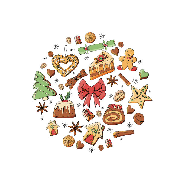 圣诞圈由不同的冬季甜点、糖果和食物制成。图片下载