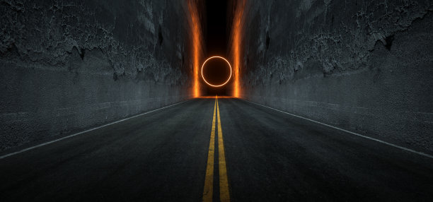 科幻未来的沥青隧道走廊车库水泥路双层混凝土墙地下暗夜汽车秀霓虹激光圆发光橙弧虚拟舞台展示厅3D渲染图片下载