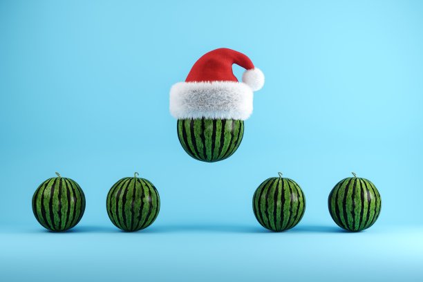 西瓜与圣诞帽漂浮在蓝色的背景，圣诞水果的概念概念，3D插图。图片下载