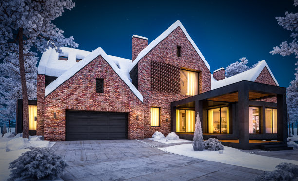 冬夜池塘上现代熟料房的3d渲染图片下载