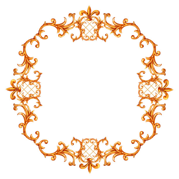 巴洛克风格的元素。水彩手绘复古雕刻花卷金银丝设计框架。图片下载