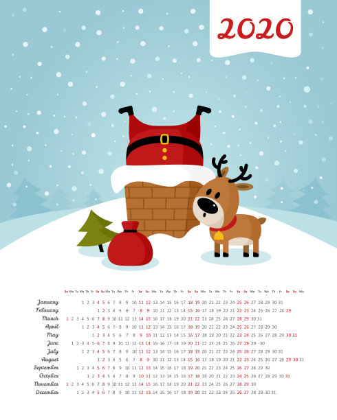 矢量日历2020年。周日开始一周图片下载