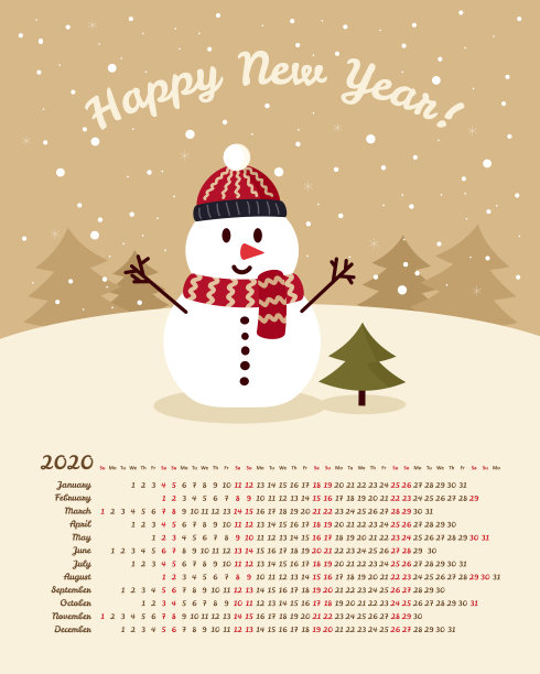 矢量日历2020年。周日开始一周图片下载
