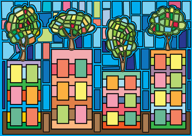 树在城市摩西彩色玻璃插图向量图片下载