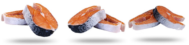 一套新鲜的鲑鱼排孤立在白色的背景。鲑鱼红鱼排。一大堆鳟鱼排。大的有机鲑鱼排排着。大块生鲑鱼。图片下载