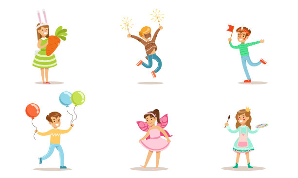 Happy Kids with Painted Faces and Festival Costumes Set, Cyte Boys and Girls Having Fun at Party Vector插图图片下载