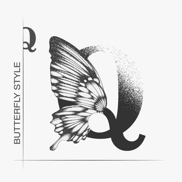 字母Q和蝴蝶的剪影。帝王蝶的翅膀标志模板孤立在白色的背景。书法手绘字体设计。字母的概念。字母组合矢量图图片下载