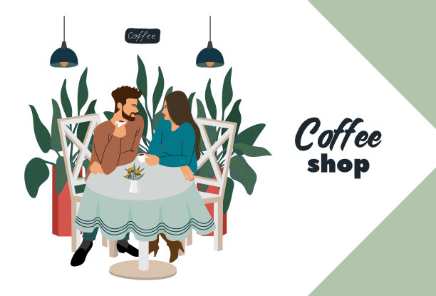 咖啡店里有客人，年轻夫妇坐在桌边。现代平面矢量概念插图为小企业图片下载