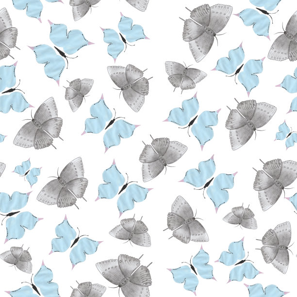 无缝图案有孤立的蝴蝶、蓝灰相间的蝴蝶图案图片下载
