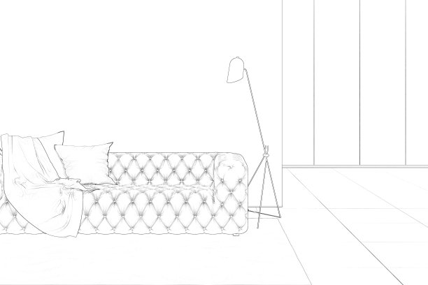 现代客厅的草图，有沙发，墙壁，枕头，格子，灯，地毯和瓷砖地板图片下载