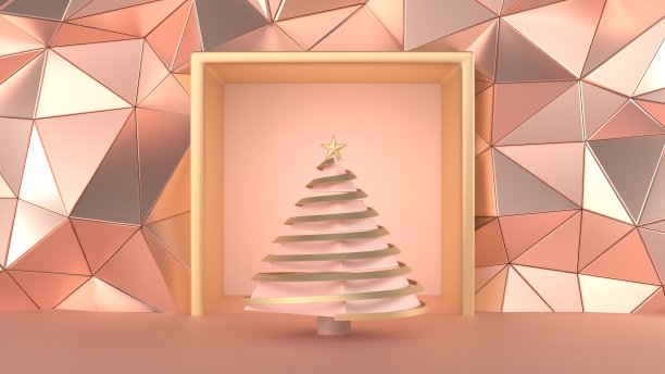 三维渲染图像抽象的粉红玫瑰金几何形状的圣诞树场景概念装饰与复制空间。图片下载