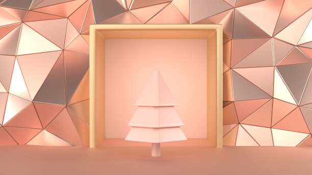 三维渲染图像抽象的粉红玫瑰金几何形状的圣诞树场景概念装饰与复制空间。图片下载