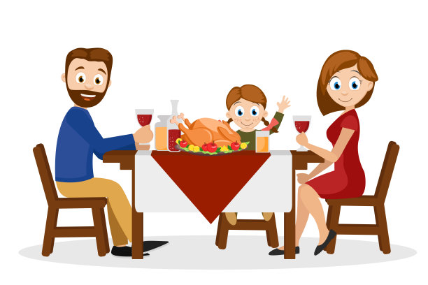 年轻的家庭父亲，母亲和女儿坐在餐桌上烤火鸡和饮料上的白。感恩节。素材图片