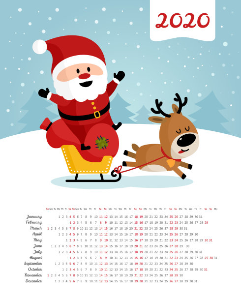矢量日历2020年。周日开始一周图片下载