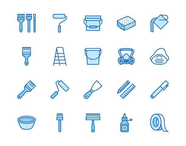 油漆工工具平面线图标设置家居装修设备滚筒油漆刷梯子遮蔽胶带，呼吸器矢量插图。轮廓标志室内设计。像素完美的64x64可编辑的笔触图片下载