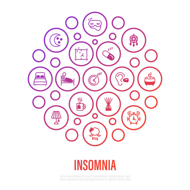 失眠概念呈圆形。细线图标集。闹钟，睡眠面膜，舒适的枕头，捕梦网，耳塞，芳香扩散器，药丸，芳香疗法，跳羊。矢量插图。图片下载