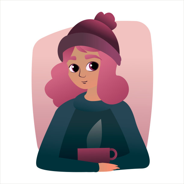 矢量平面插图。年轻美丽的女孩穿着秋冬的暖衣，粉红的头发。一位女士戴着一顶紫色的帽子，穿着一件蓝色的毛衣，手里拿着一个盛着热饮的杯子。梯度插图图片下载