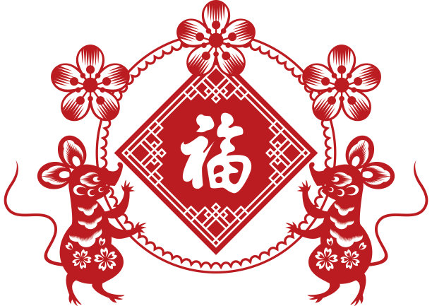 中国新年的装饰。墙上的生肖装饰。春节老鼠墙装饰。农历新年老鼠的插画。(翻译:财富和幸福)图片下载