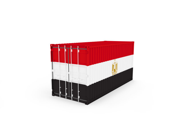 三维插图的货物集装箱与埃及国旗在白色的背景与阴影。发货、运输、海运货运。3 d演示。图片下载