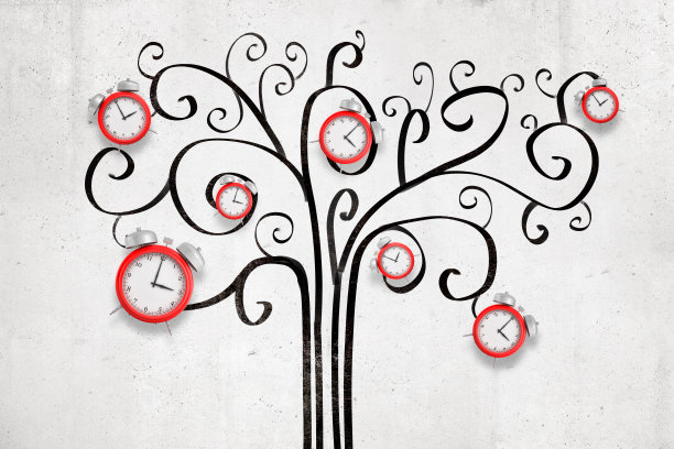3d渲染的黑色卡通树绘制在白色的墙壁背景与红色的闹钟挂在上面图片下载