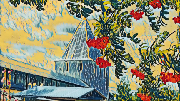 在多云晴朗的夏日里，佩雷斯拉夫-扎勒斯基正统修道院背景上的花楸树的红色浆果的摄影艺术图片图片下载