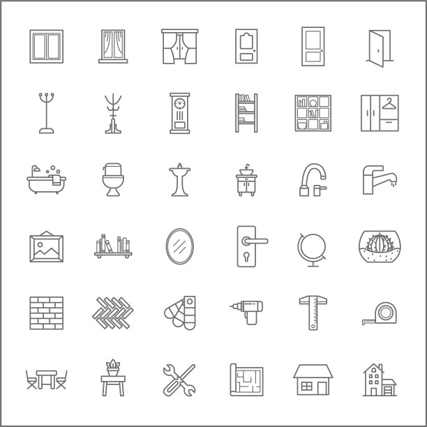套家具和室内的图标线条风格。包括窗户、门、窗帘、浴室、家居装饰、书架、浴缸等图标。图片下载