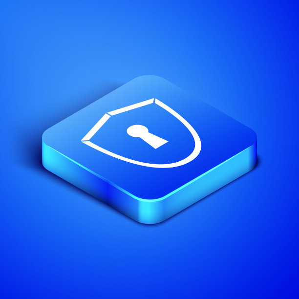 等距盾与钥匙孔图标隔离在蓝色背景。保护、安全概念。安全徽章图标。隐私旗帜。国防标签。蓝色方块按钮。矢量图图片下载