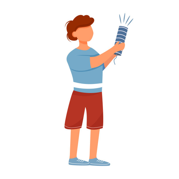 男孩与petard平面矢量插图。生日聚会。节日活动。新年的庆祝活动。全身快乐的白人孩子与烟花孤立的卡通人物在白色的背景图片下载