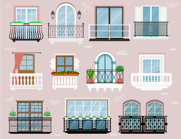 阳台向量，复古阳台，栏杆，窗户立面，建筑插图，一套美丽的建筑装饰，窗玻璃立面孤立在背景上图片下载