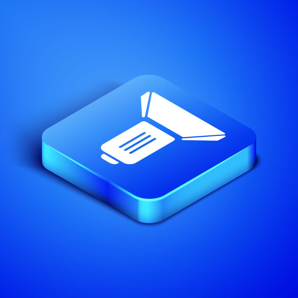 等距电影聚光灯图标孤立在蓝色背景。光的效果。现场,工作室,显示。蓝色方块按钮。矢量图图片下载