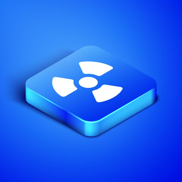 等距放射性图标孤立在蓝色背景。放射性有毒的象征。辐射危险的信号。蓝色方块按钮。矢量图图片下载