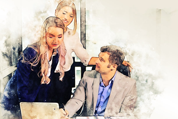 抽象漂亮的女商人和男商人在桌子上讨论工作，在水彩插图画的背景上。图片下载