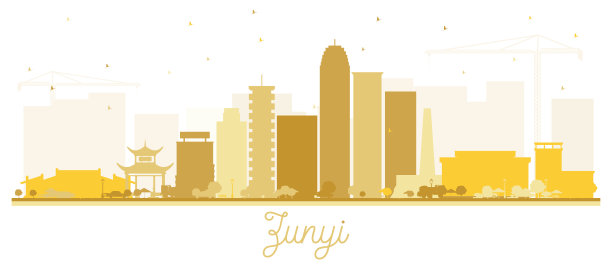 遵义中国城市天际线剪影，金色的建筑孤立在白色。图片下载