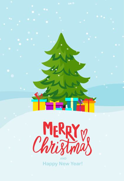 圣诞快乐。圣诞树装饰和礼物在冬天的风景。矢量插图在平面风格设计图片下载