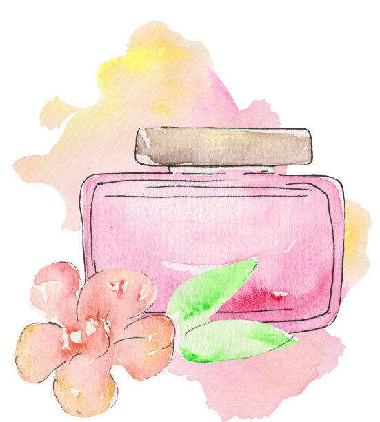 香水装在透明的粉红色玻璃罐中，以水彩画为背景，点缀花朵。水彩插图版画，设计，海报，杂志图片下载